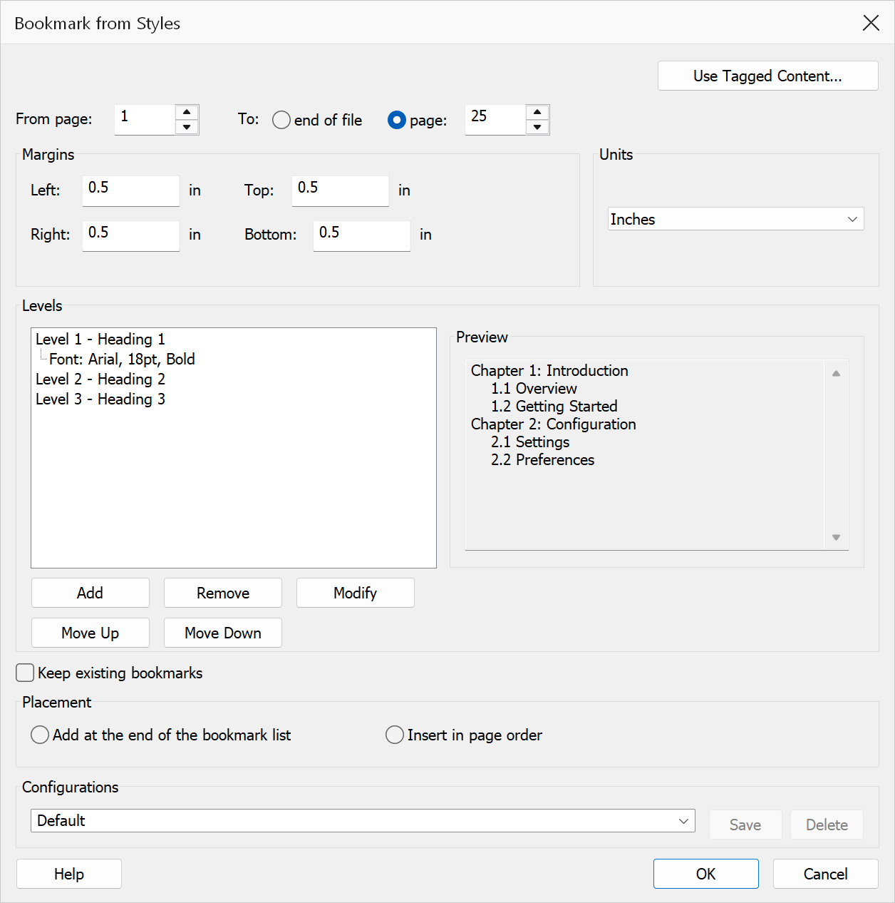 Bookmark from Styles dialog showing heading levels and a bookmark preview